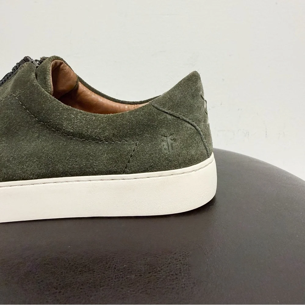 Frye Forest Green Suede Lena Zip Up Slip On Low Ivory Trim Top Sneaker 8 8M